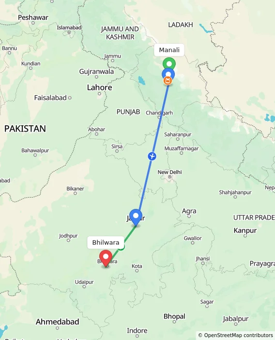 Route map showing distance and travel time from Manali, India to Bhilwara, India