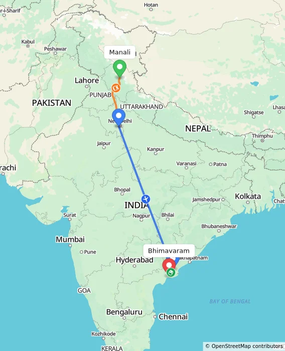 Route map showing distance and travel time from Manali, India to Bhimavaram, India