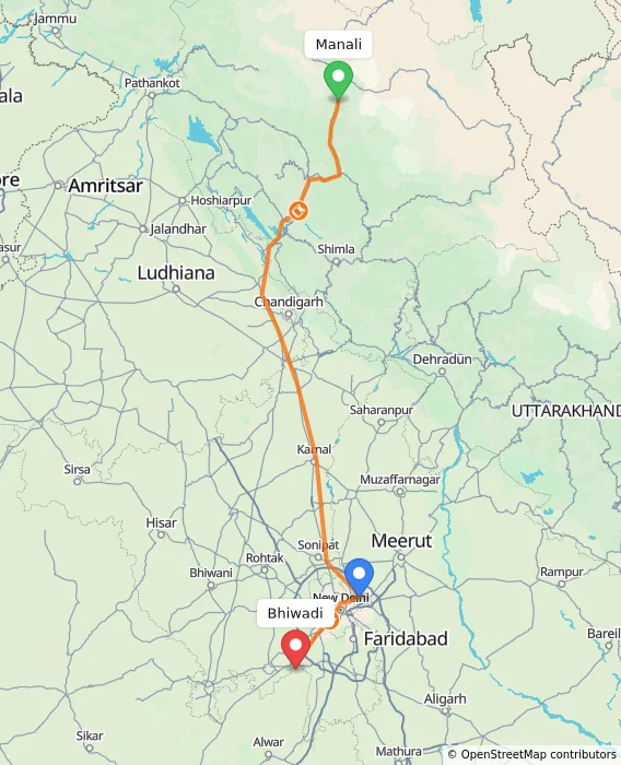 Route map showing distance and travel time from Manali, India to Bhiwadi, India