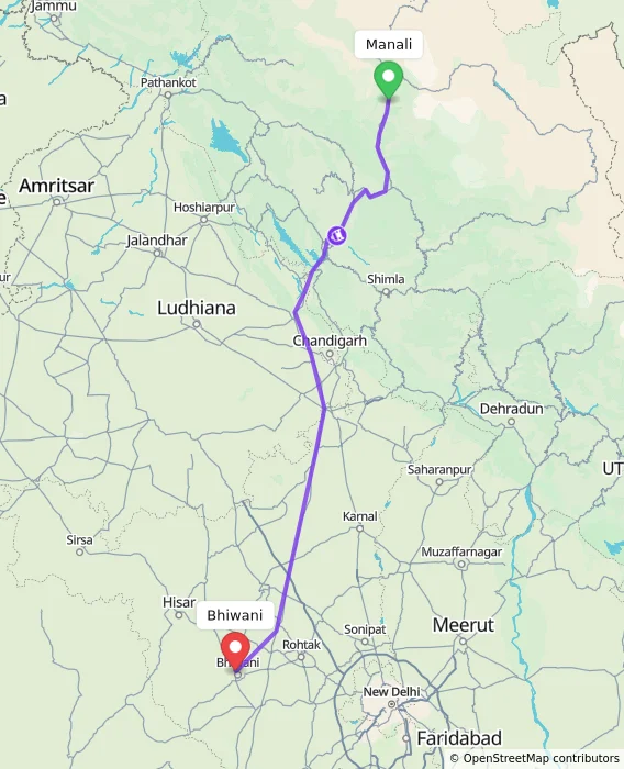 Route map showing distance and travel time from Manali, India to Bhiwani, India