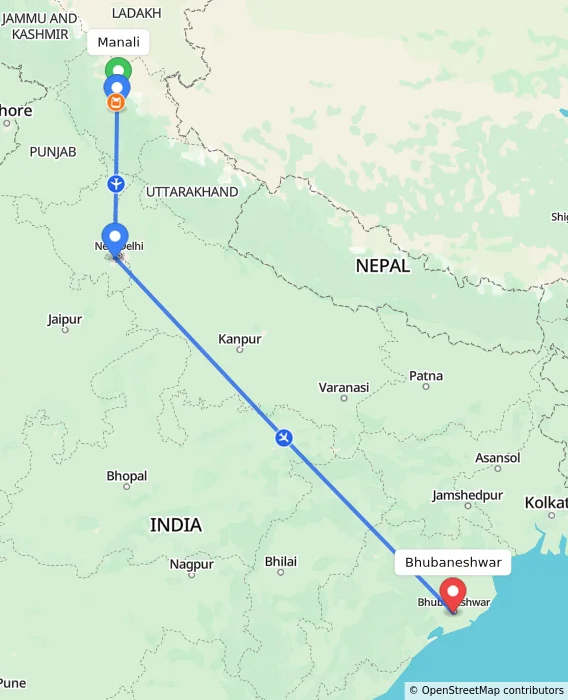 Route map showing distance and travel time from Manali, India to Bhubaneshwar, India
