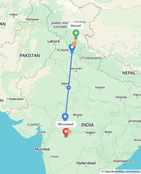 Route map showing distance and travel time from Manali, India to Bhusawal, India