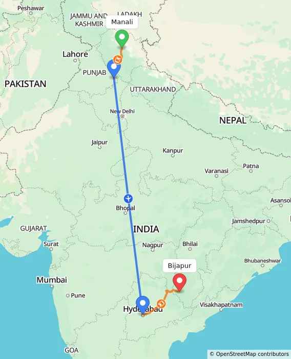 Route map showing distance and travel time from Manali, India to Bijapur, India
