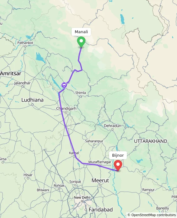 Route map showing distance and travel time from Manali, India to Bijnor, India
