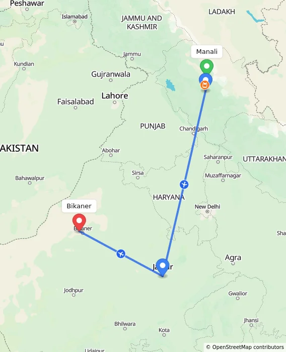 Route map showing distance and travel time from Manali, India to Bikaner, India