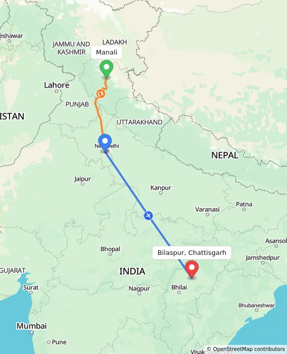 Route map showing distance and travel time from Manali, India to Bilaspur, Chattisgarh, India