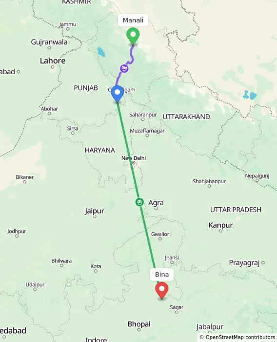 Route map showing distance and travel time from Manali, India to Bina, India