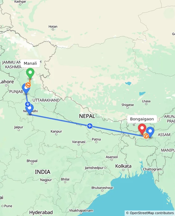 Route map showing distance and travel time from Manali, India to Bongaigaon, India
