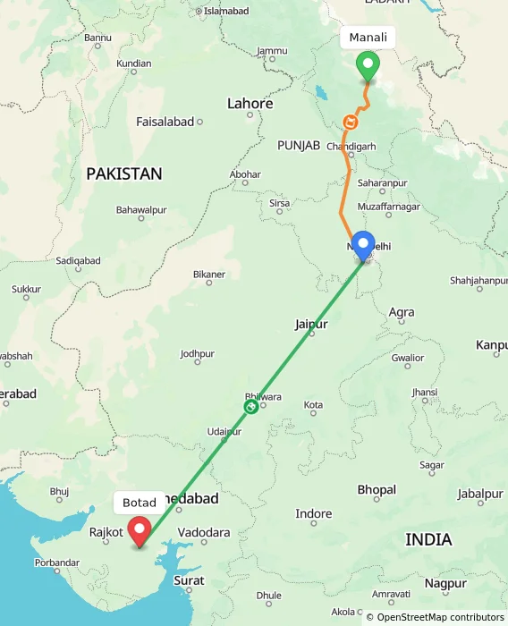 Route map showing distance and travel time from Manali, India to Botad, India