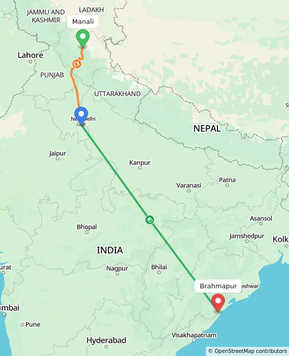 Route map showing distance and travel time from Manali, India to Brahmapur, India