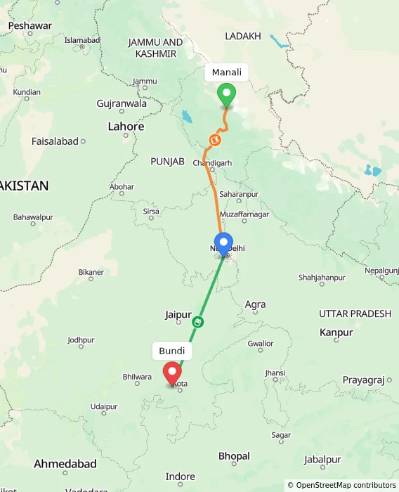 Route map showing distance and travel time from Manali, India to Bundi, India