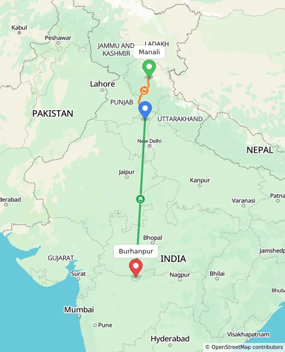 Route map showing distance and travel time from Manali, India to Burhanpur, India