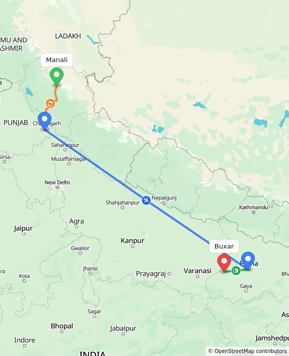 Route map showing distance and travel time from Manali, India to Buxar, India