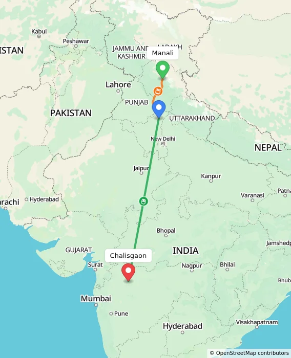Route map showing distance and travel time from Manali, India to Chalisgaon, India