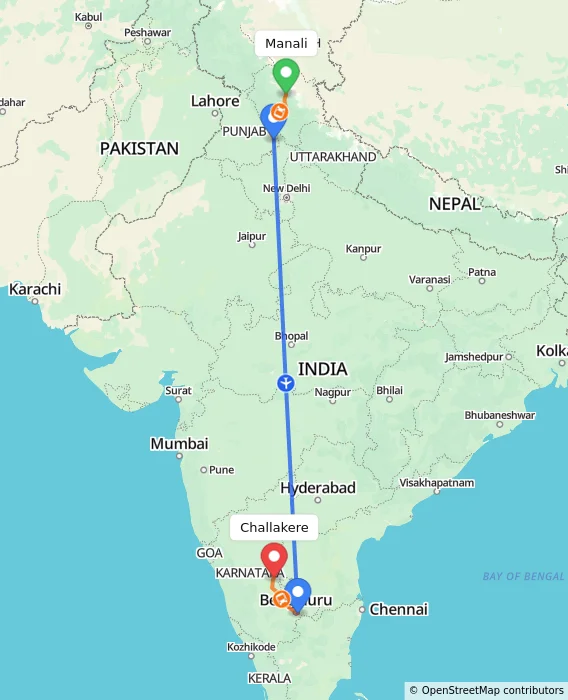 Route map showing distance and travel time from Manali, India to Challakere, India