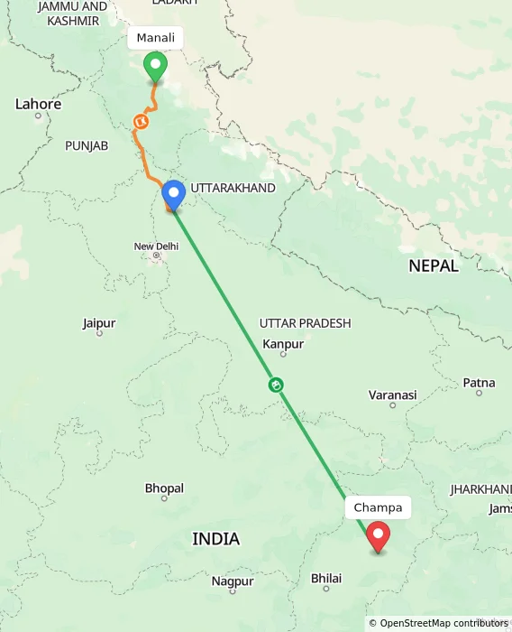Route map showing distance and travel time from Manali, India to Champa, India