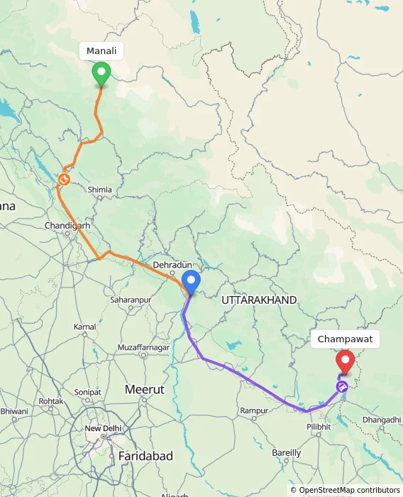 Route map showing distance and travel time from Manali, India to Champawat, India
