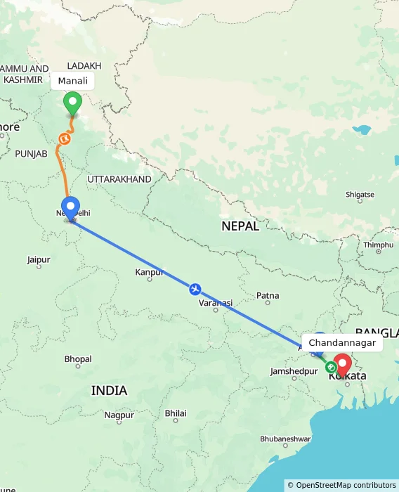Route map showing distance and travel time from Manali, India to Chandannagar, India