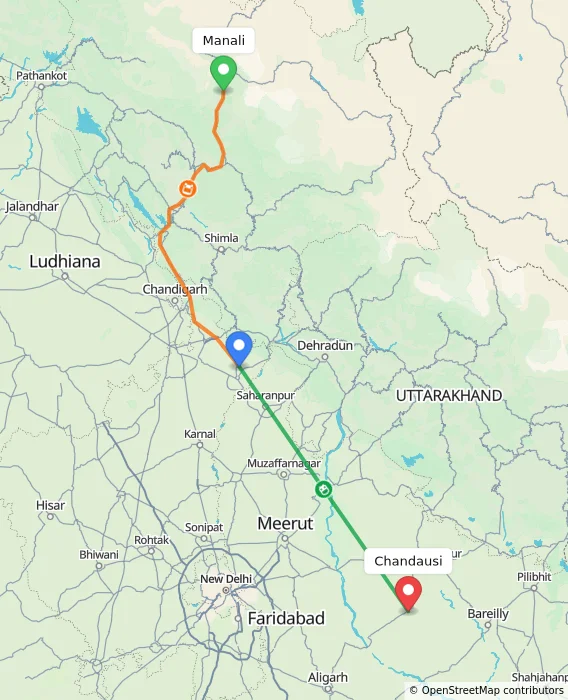 Route map showing distance and travel time from Manali, India to Chandausi, India
