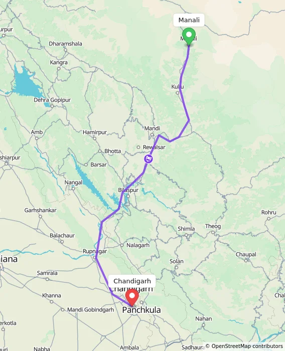 Route map showing distance and travel time from Manali, India to Chandigarh, India