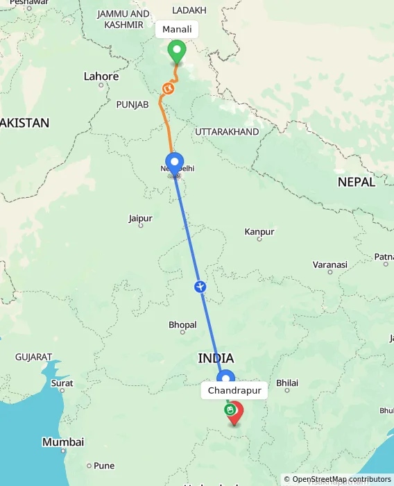 Route map showing distance and travel time from Manali, India to Chandrapur, India