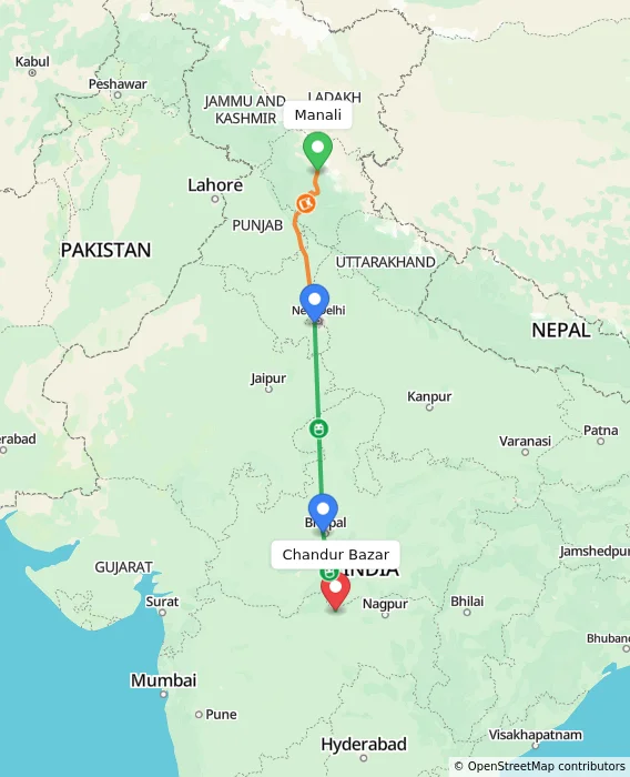 Route map showing distance and travel time from Manali, India to Chandur Bazar, India