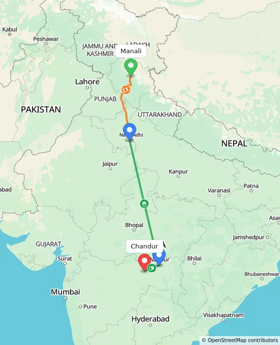 Route map showing distance and travel time from Manali, India to Chandur, India
