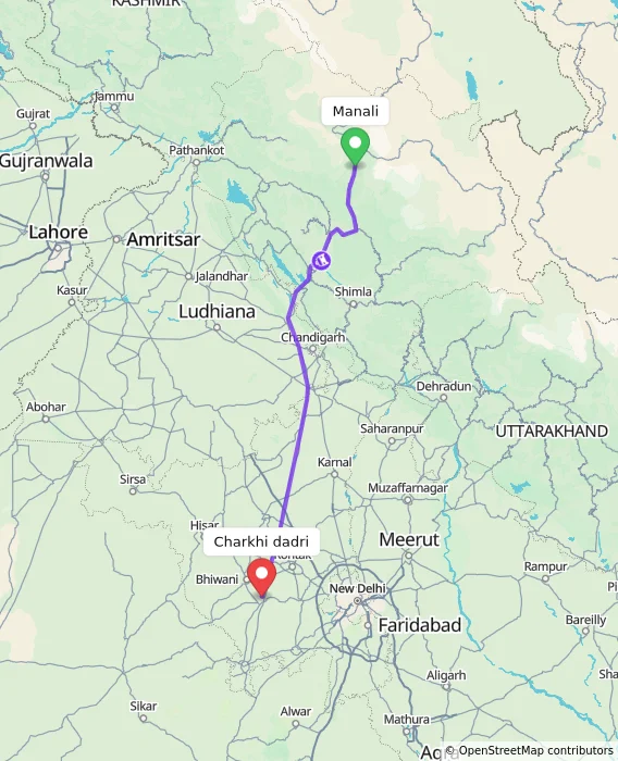Route map showing distance and travel time from Manali, India to Charkhi dadri, India