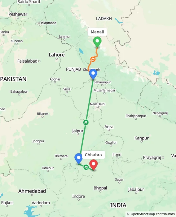 Route map showing distance and travel time from Manali, India to Chhabra, India