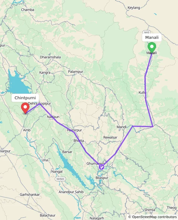 Route map showing distance and travel time from Manali, India to Chintpurni, India