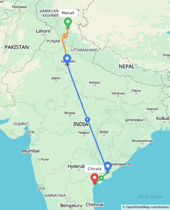 Route map showing distance and travel time from Manali, India to Chirala, India