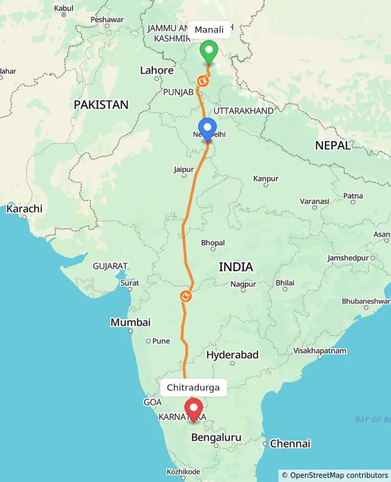 Route map showing distance and travel time from Manali, India to Chitradurga, India