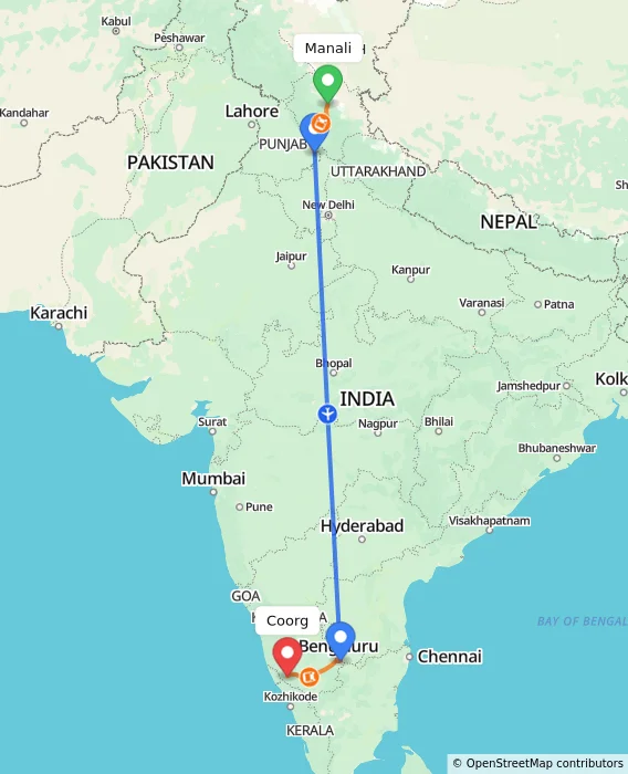 Route map showing distance and travel time from Manali, India to Coorg, India
