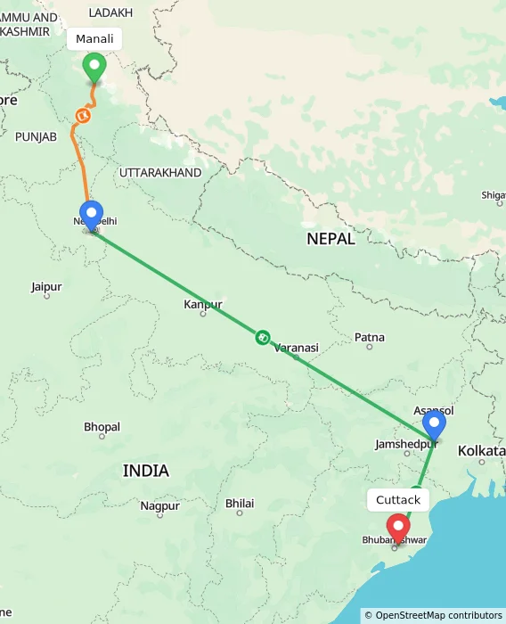 Route map showing distance and travel time from Manali, India to Cuttack, India