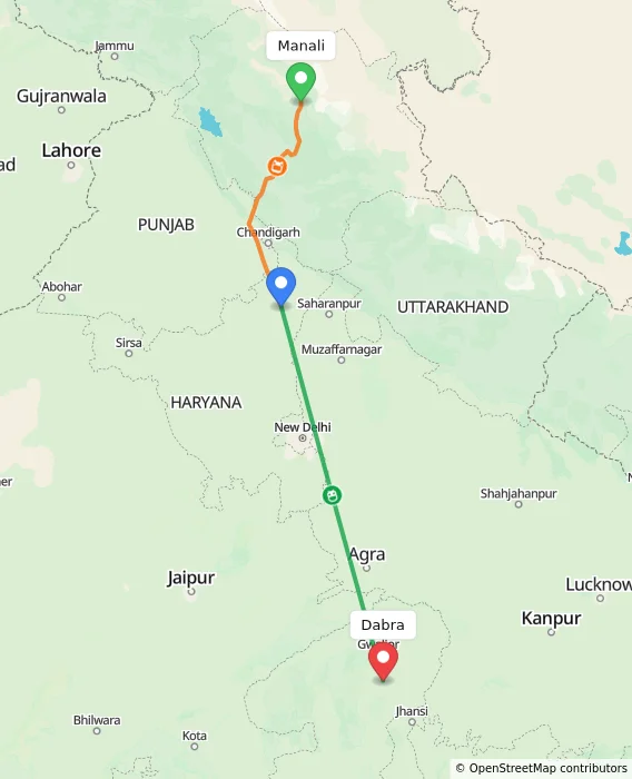 Route map showing distance and travel time from Manali, India to Dabra, India