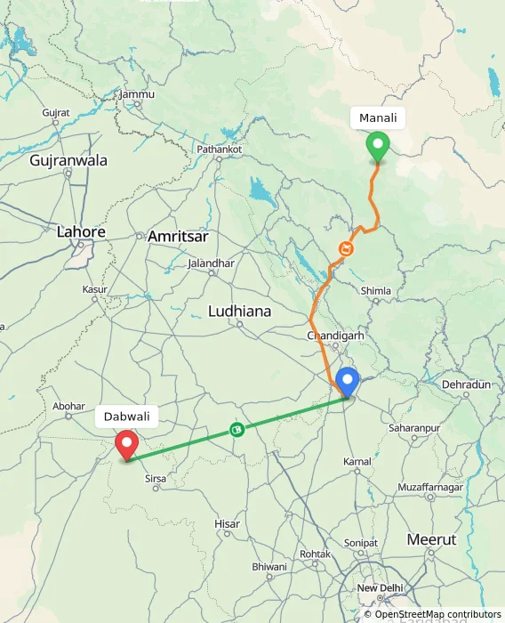 Route map showing distance and travel time from Manali, India to Dabwali, India