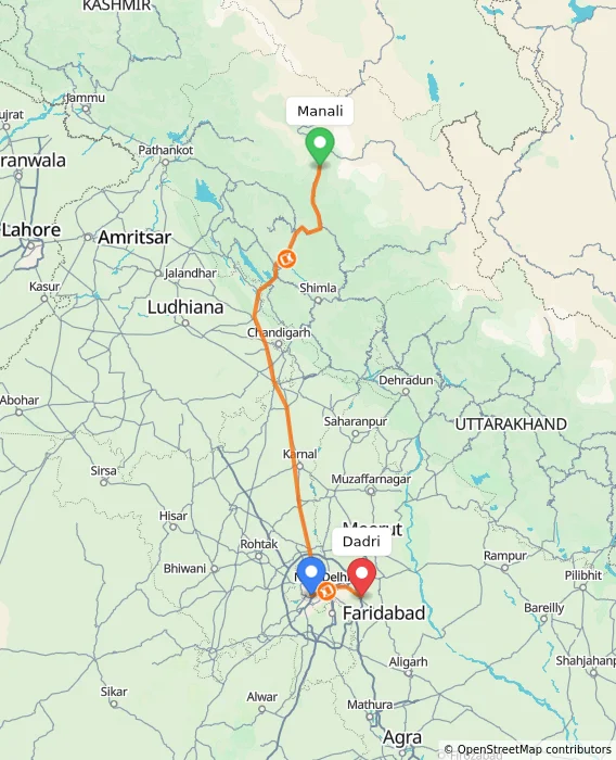 Route map showing distance and travel time from Manali, India to Dadri, India