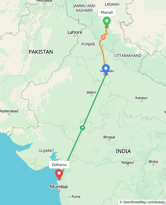 Route map showing distance and travel time from Manali, India to Dahanu, India