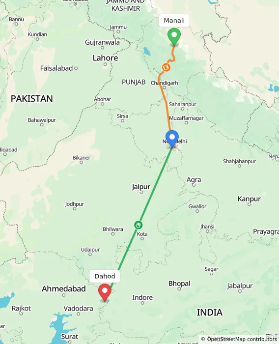 Route map showing distance and travel time from Manali, India to Dahod, India