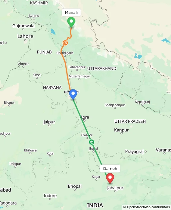 Route map showing distance and travel time from Manali, India to Damoh, India