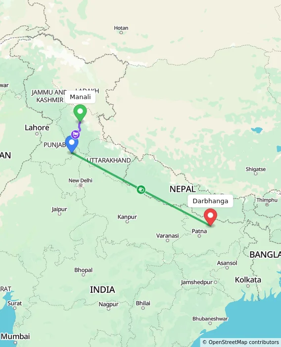 Route map showing distance and travel time from Manali, India to Darbhanga, India
