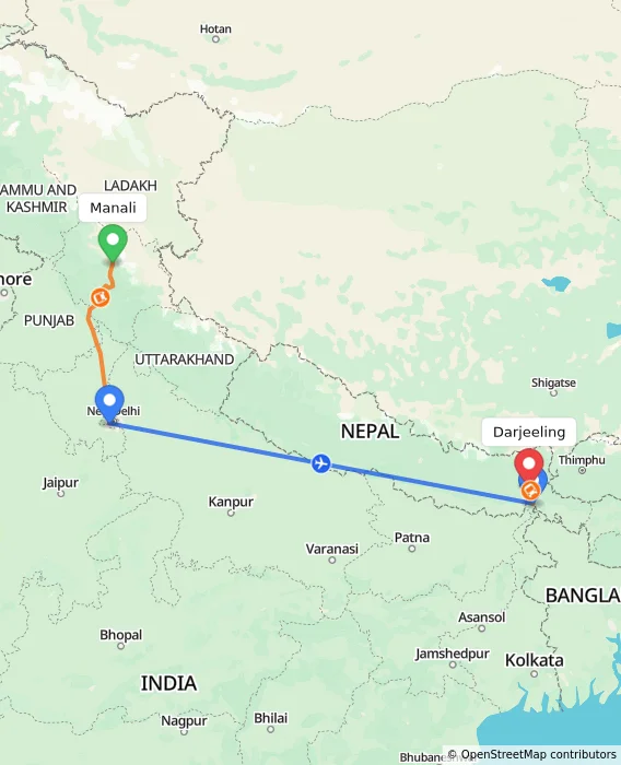 Route map showing distance and travel time from Manali, India to Darjeeling, India
