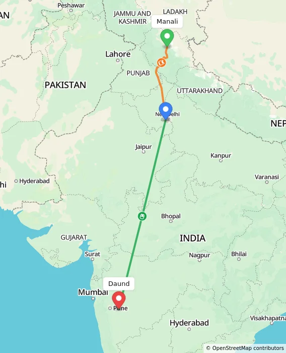 Route map showing distance and travel time from Manali, India to Daund, India