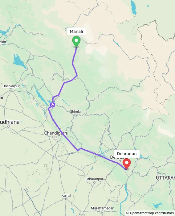 Route map showing distance and travel time from Manali, India to Dehradun, India