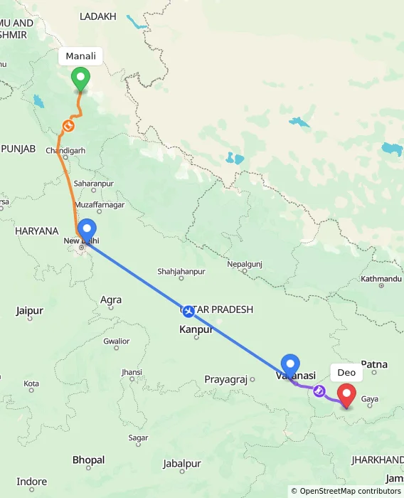 Route map showing distance and travel time from Manali, India to Deo, India