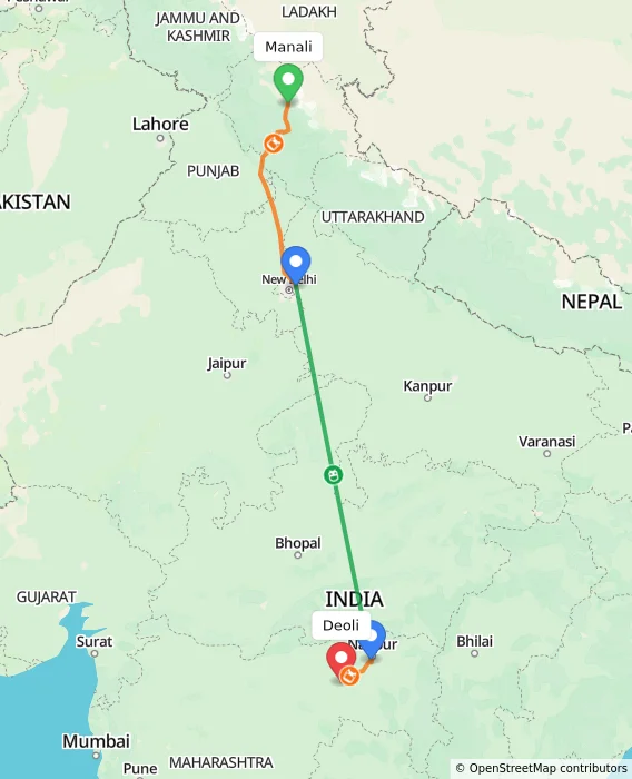 Route map showing distance and travel time from Manali, India to Deoli, India