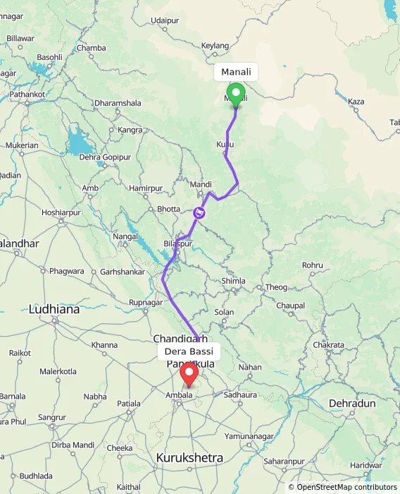 Route map showing distance and travel time from Manali, India to Dera Bassi, India