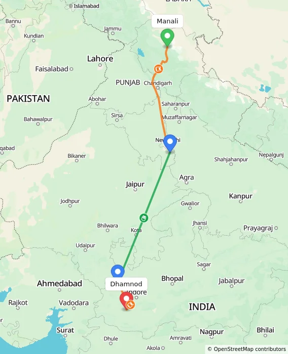 Route map showing distance and travel time from Manali, India to Dhamnod, India
