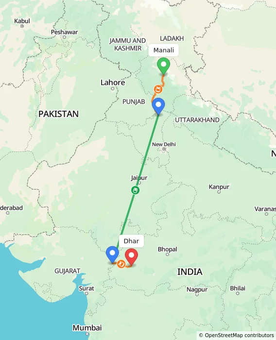 Route map showing distance and travel time from Manali, India to Dhar, India