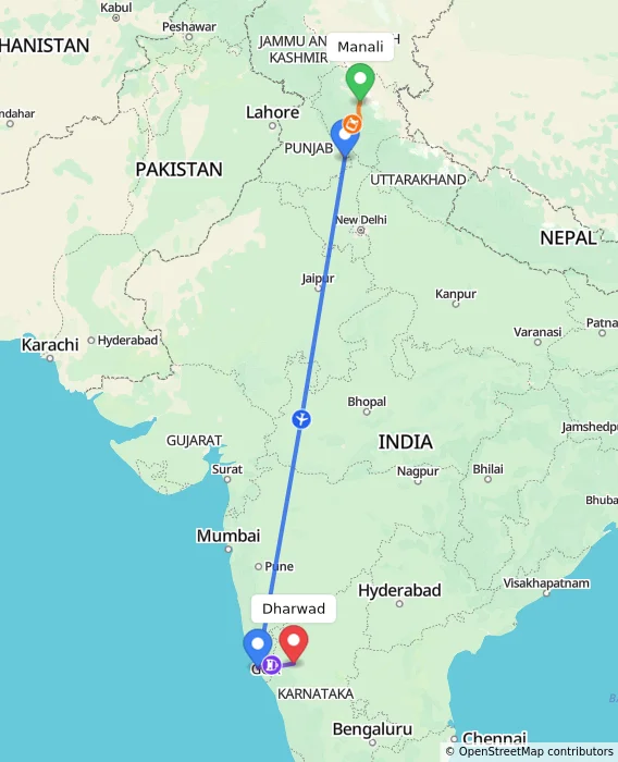 Route map showing distance and travel time from Manali, India to Dharwad, India